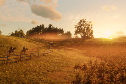 A vista in Red Dead Redemption 2 with the sun setting